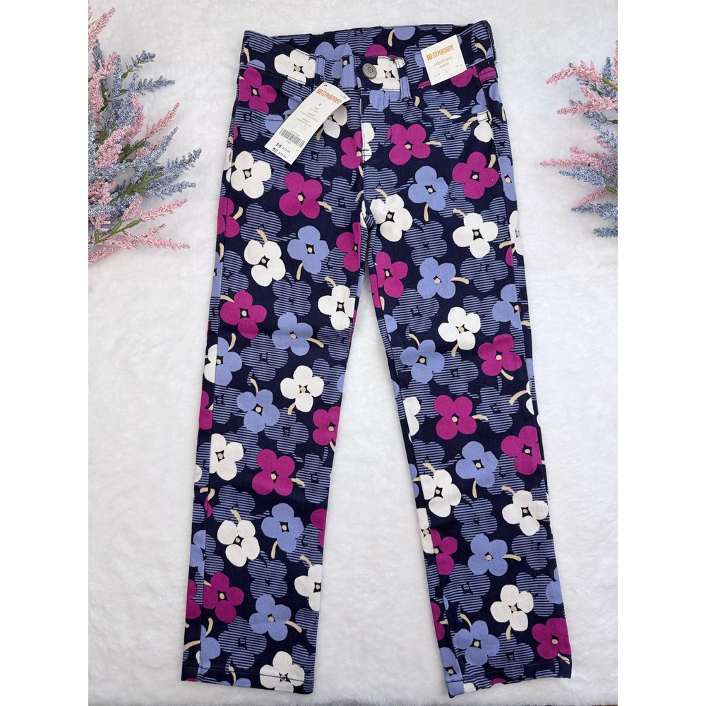 Gymboree Floral Pants Girls 5 Navy Blue Purple Retro Mod Flower Power Slim NWT